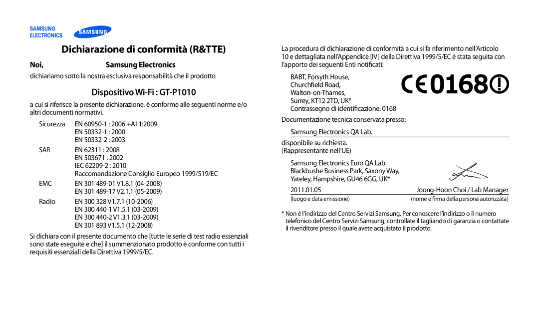 Samsung GT-P1010CWAITV manual Dichiarazione di conformità R&TTE, Dispositivo Wi-Fi GT-P1010 