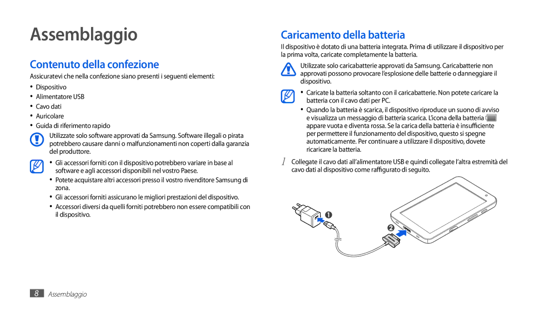 Samsung GT-P1010CWAITV manual Assemblaggio, Contenuto della confezione, Caricamento della batteria 