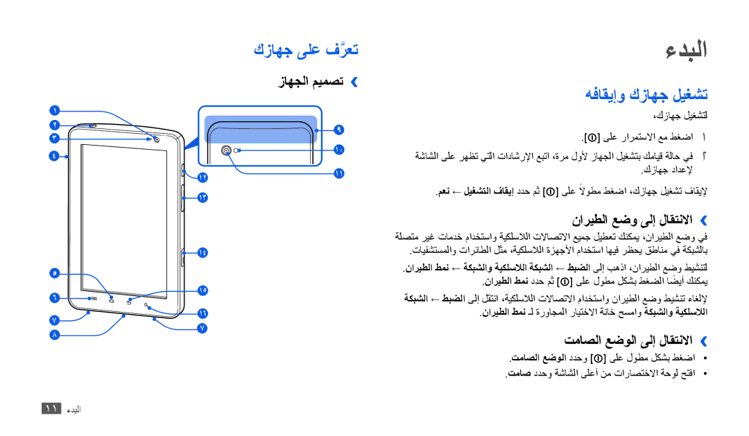 Samsung GT-P1010CWAJED, GT-P1010CWAMID, GT-P1010CWATHR, GT-P1010CWAAFR manual ءدبلا, كزاهج ىلع فرعتَّ, هفاقيإو كزاهج ليغشت 