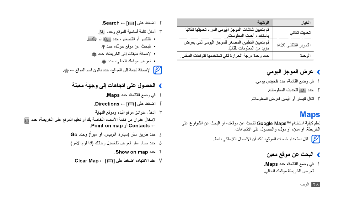 Samsung GT-P1010CWAXSG manual Maps, ةنيعم ةهجو ىلإ تاهاجتا ىلع لوصحلا››, يمويلا زجوملا ضرع››, نيعم عقوم نع ثحبلا›› 