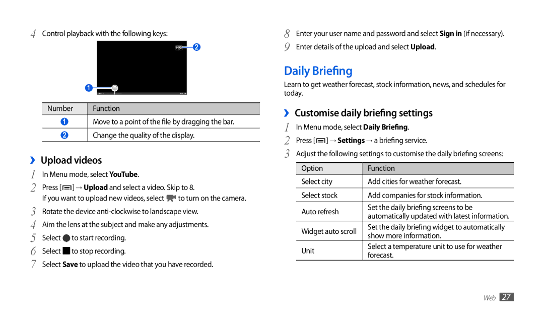 Samsung GT-P1010CWAMID, GT-P1010CWATHR manual Daily Briefing, ›› Upload videos, ›› Customise daily briefing settings 