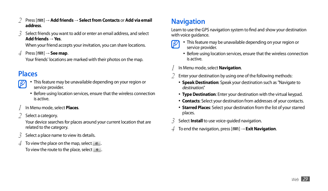 Samsung GT-P1010CWAAFR, GT-P1010CWAMID, GT-P1010CWATHR, GT-P1010CWAKSA manual Places, Navigation, Add friends → Yes, → See map 