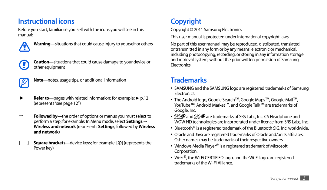 Samsung GT-P1010CWAKSA, GT-P1010CWAMID manual Instructional icons, Trademarks, Copyright 2011 Samsung Electronics 