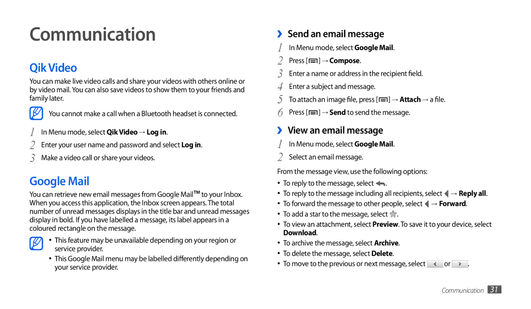 Samsung GT-P1010CWAJED manual Communication, Qik Video, Google Mail, ›› Send an email message, ›› View an email message 