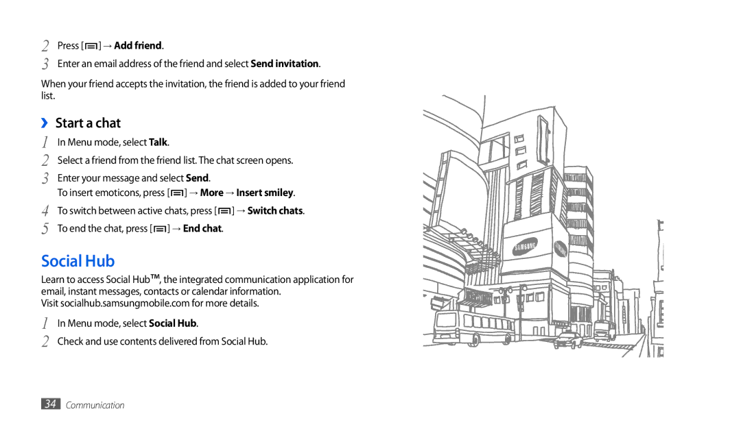 Samsung GT-P1010CWAABS manual Social Hub, ›› Start a chat, Menu mode, select Talk, Enter your message and select Send 