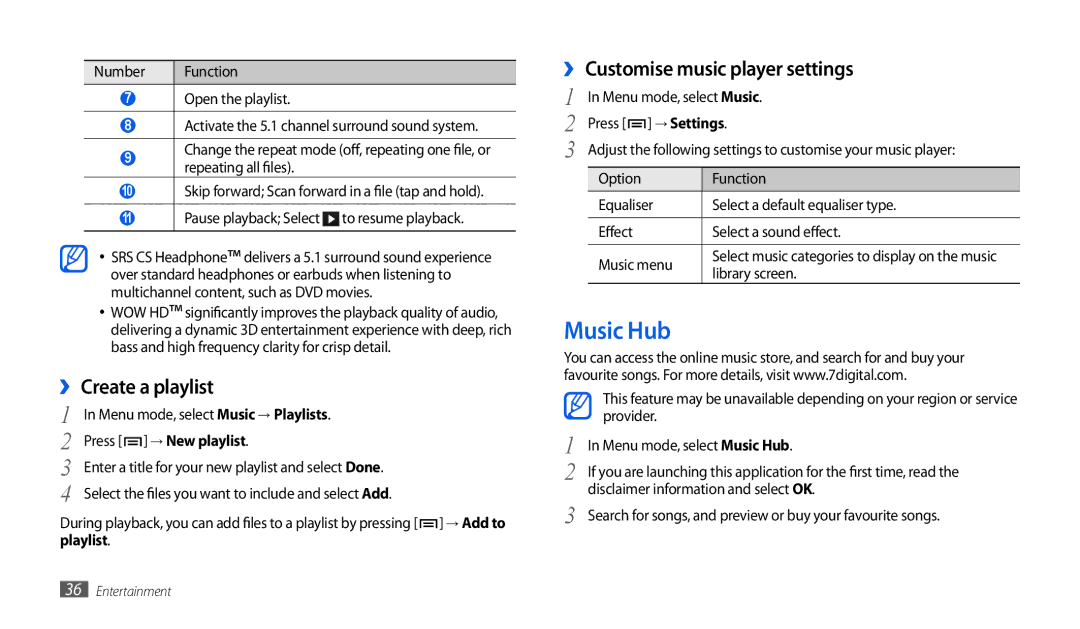 Samsung GT-P1010CWAMID manual Music Hub, ›› Create a playlist, ›› Customise music player settings, Press → New playlist 