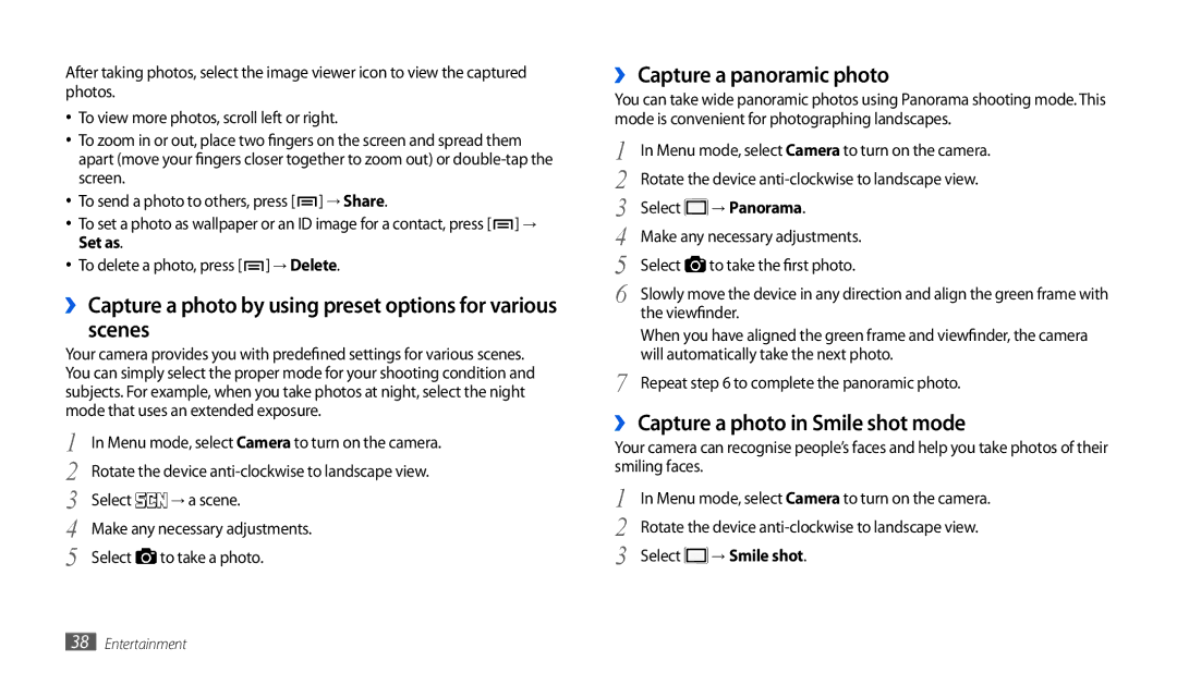 Samsung GT-P1010CWAAFR manual Scenes, ›› Capture a panoramic photo, ›› Capture a photo in Smile shot mode, → Panorama 