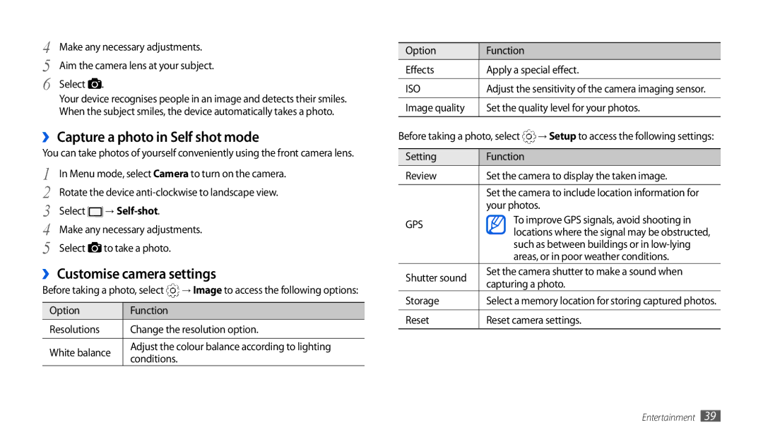 Samsung GT-P1010CWAKSA, GT-P1010CWAMID ›› Capture a photo in Self shot mode, ›› Customise camera settings, → Self-shot 