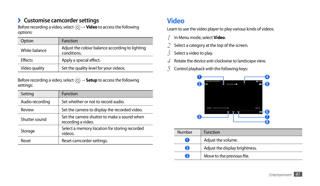 Samsung GT-P1010CWAXSG, GT-P1010CWAMID, GT-P1010CWATHR, GT-P1010CWAAFR, GT-P1010CWAKSA Video, ›› Customise camcorder settings 