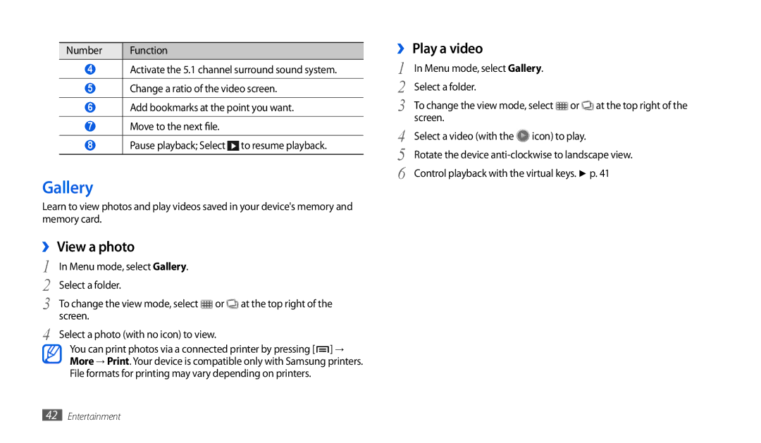 Samsung GT-P1010CWEAFR, GT-P1010CWAMID, GT-P1010CWATHR manual Gallery, ›› View a photo, ›› Play a video, Select a folder 