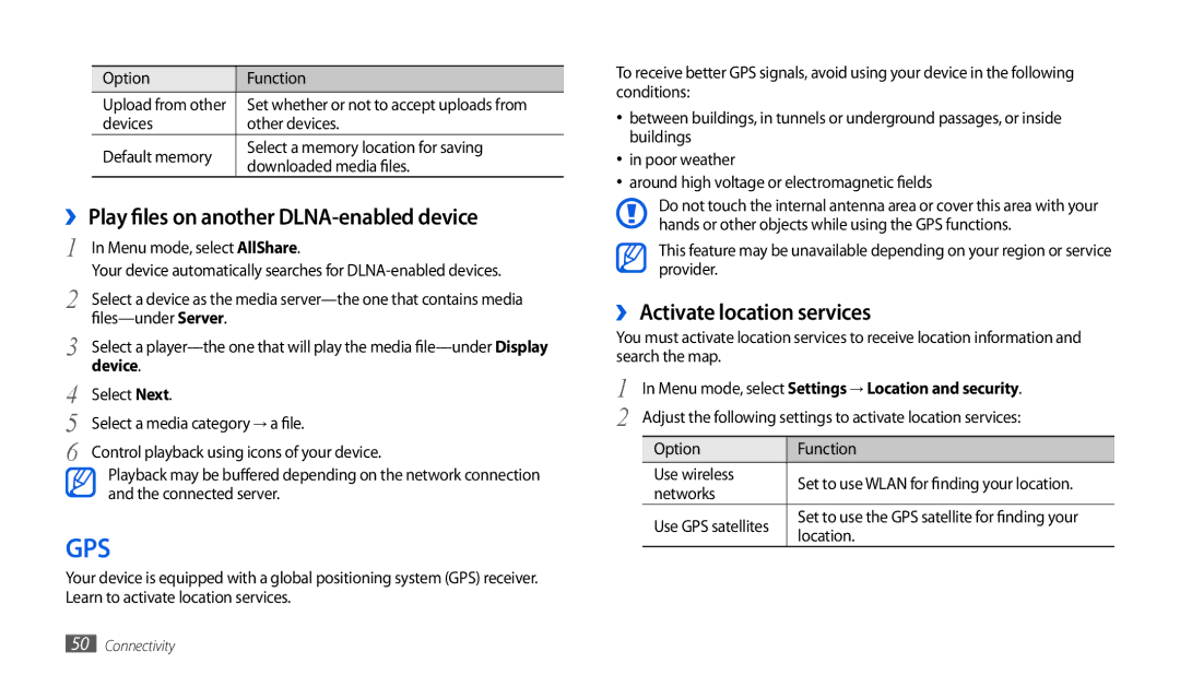 Samsung GT-P1010CWAXSG, GT-P1010CWAMID ›› Play files on another DLNA-enabled device, ›› Activate location services, Device 