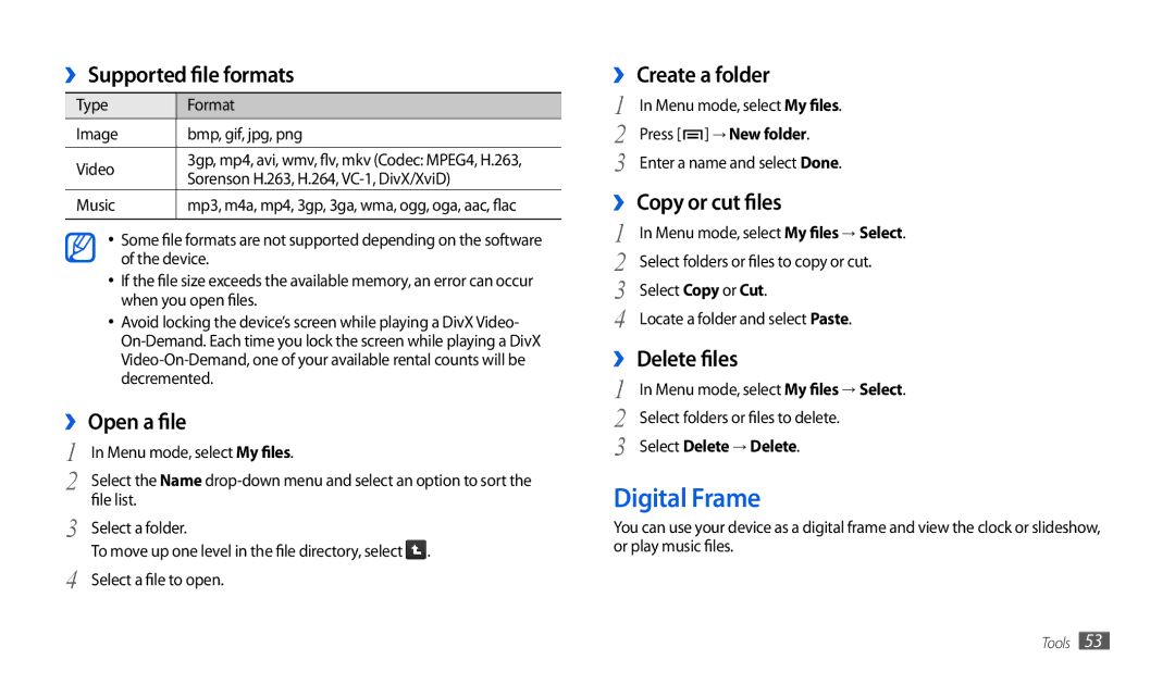 Samsung GT-P1010CWAXEV, GT-P1010CWAMID, GT-P1010CWATHR, GT-P1010CWAAFR, GT-P1010CWAKSA, GT-P1010CWAJED manual Digital Frame 