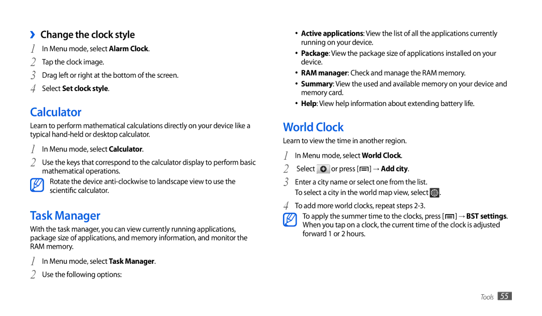Samsung GT-P1010CWATHR manual Calculator, Task Manager, World Clock, ›› Change the clock style, Select Set clock style 