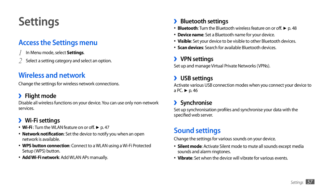 Samsung GT-P1010CWAKSA, GT-P1010CWAMID, GT-P1010CWATHR Access the Settings menu, Wireless and network, Sound settings 