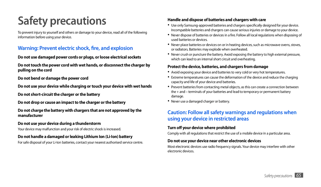 Samsung GT-P1010CWAAFR, GT-P1010CWAMID manual Safety precautions, Handle and dispose of batteries and chargers with care 