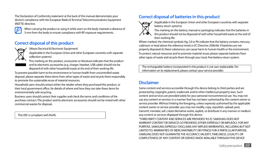 Samsung GT-P1010CWEAFR manual Correct disposal of this product, Correct disposal of batteries in this product, Disclaimer 