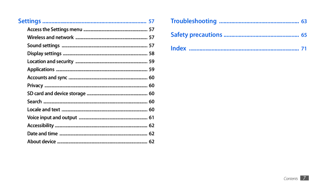 Samsung GT-P1010CWAABS, GT-P1010CWAMID, GT-P1010CWATHR, GT-P1010CWAAFR Settings, Troubleshooting Safety precautions Index 