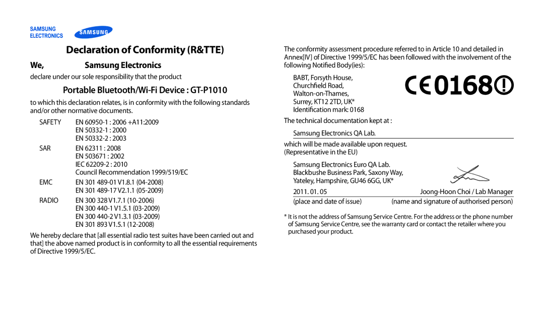 Samsung GT-P1010CWAKSA, GT-P1010CWAMID, GT-P1010CWATHR, GT-P1010CWAAFR, GT-P1010CWAJED manual Declaration of Conformity R&TTE 