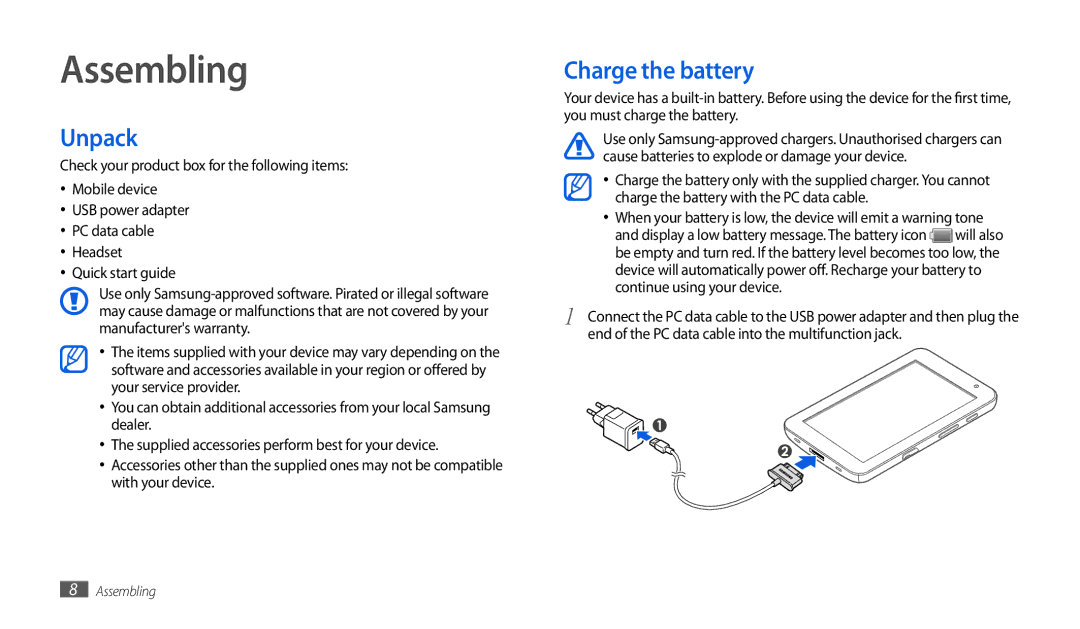 Samsung GT-P1010CWAXEV, GT-P1010CWAMID, GT-P1010CWATHR, GT-P1010CWAAFR, GT-P1010CWAKSA Assembling, Unpack, Charge the battery 