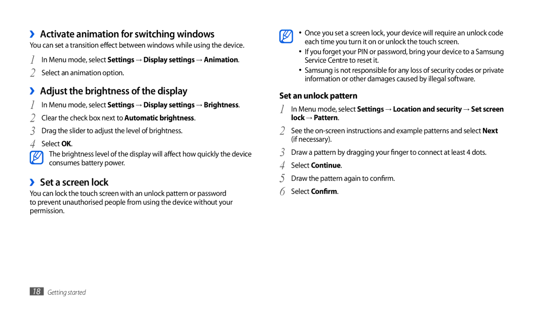 Samsung GT-P1010CWADBT manual ›› Activate animation for switching windows, ›› Adjust the brightness of the display 