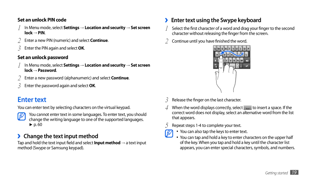 Samsung GT-P1010CWAXEF manual ›› Change the text input method, ›› Enter text using the Swype keyboard, Lock → PIN 