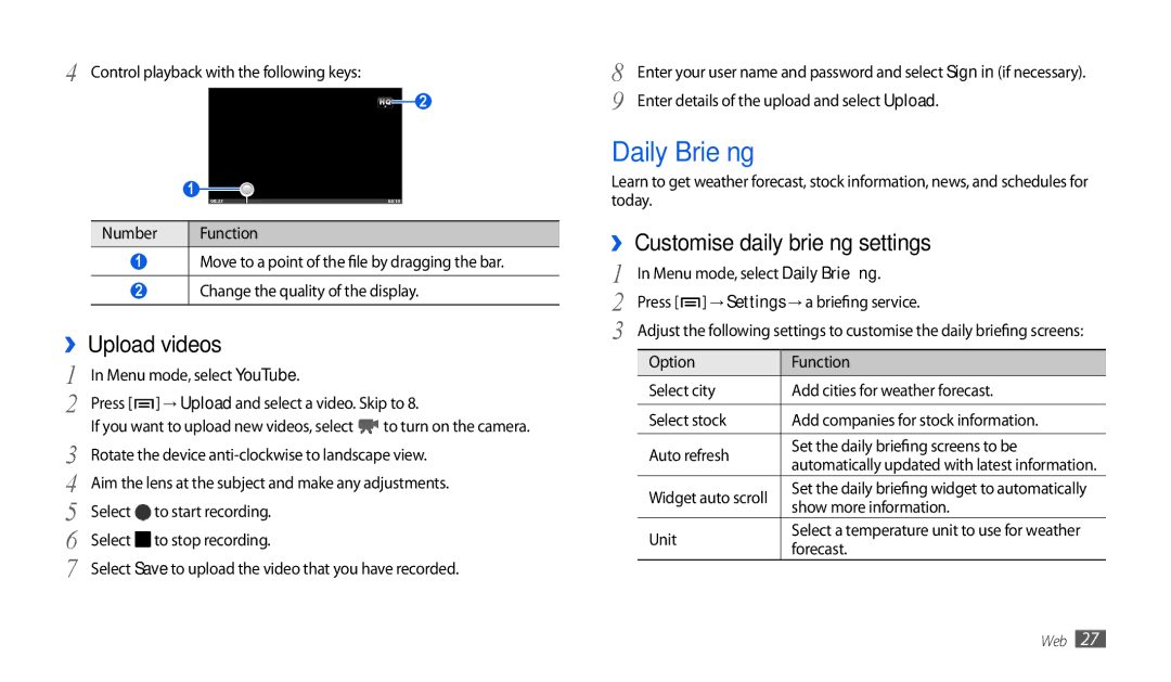 Samsung GT-P1010CWAEUR, GT-P1010CWATUR manual Daily Briefing, ›› Upload videos, ›› Customise daily briefing settings 