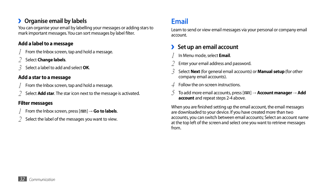 Samsung GT-P1010CWATUR, GT-P1010CWAATO manual ›› Organise email by labels, ›› Set up an email account, Select Change labels 