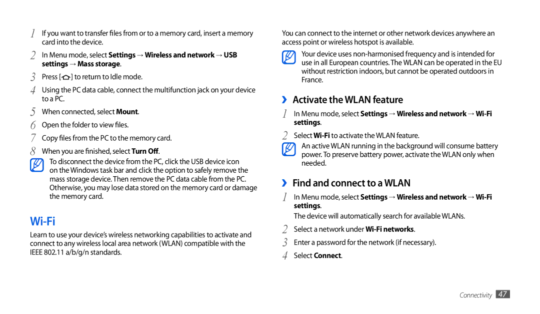 Samsung GT-P1010CWESER, GT-P1010CWATUR, GT-P1010CWAATO Wi-Fi, ›› Activate the Wlan feature, ›› Find and connect to a Wlan 