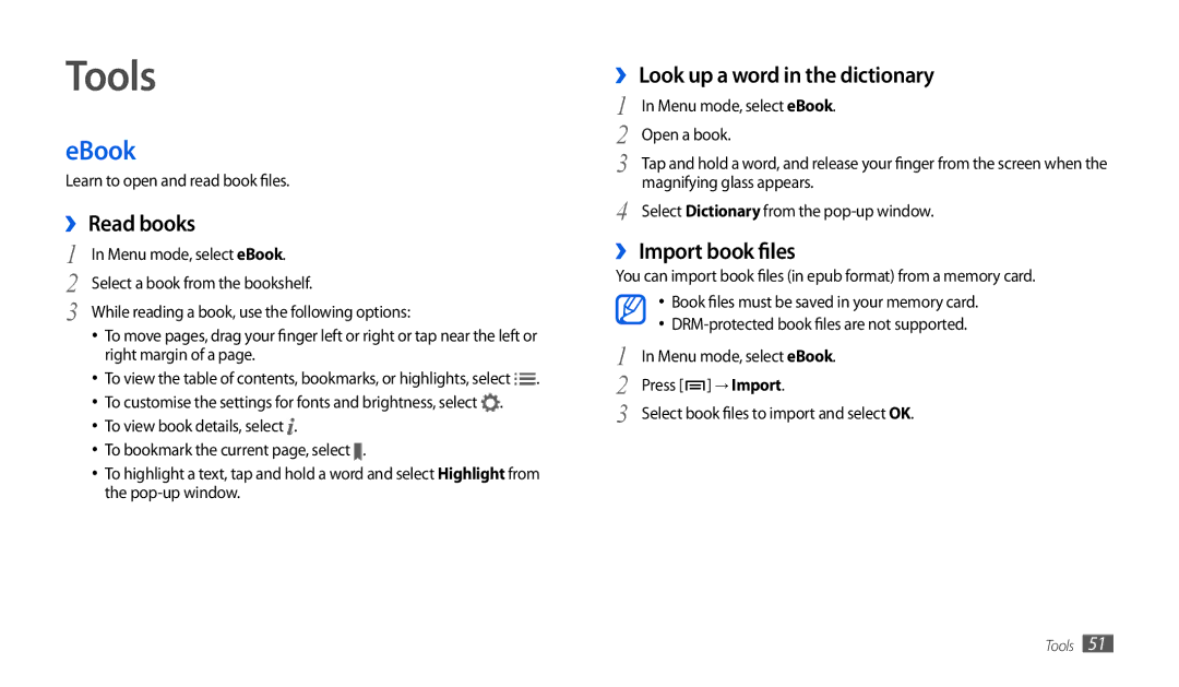 Samsung GT-P1010CWAXEF manual Tools, EBook, ›› Read books, ›› Look up a word in the dictionary, ›› Import book files 