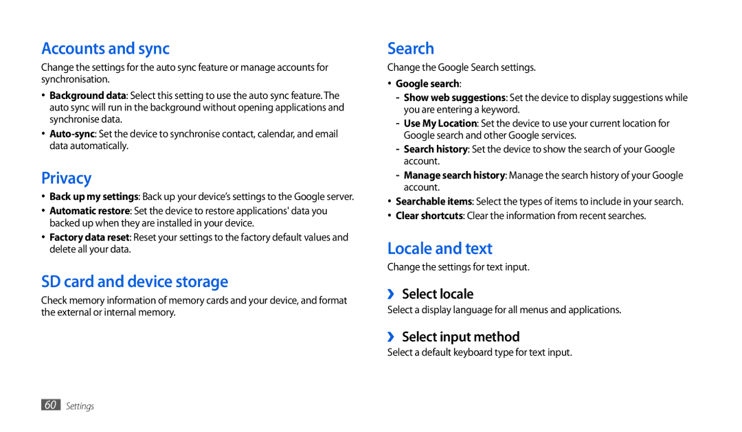 Samsung GT-P1010CWAXEO, GT-P1010CWATUR Accounts and sync, Privacy, SD card and device storage, Search, Locale and text 