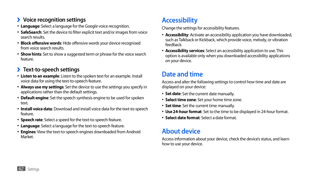 Samsung GT-P1010CWASER, GT-P1010CWATUR manual Accessibility, Date and time, About device, ›› Voice recognition settings 