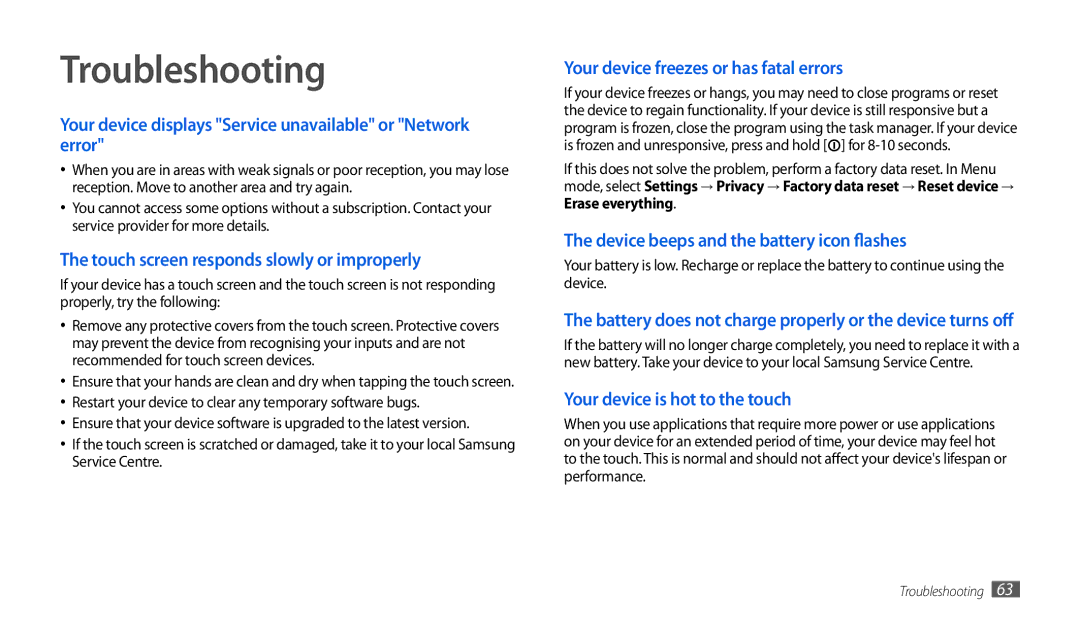 Samsung GT-P1010CWESER, GT-P1010CWATUR, GT-P1010CWAATO, GT-P1010CWADBT, GT-P1010CWAXEF, GT-P1010CWAITV manual Troubleshooting 