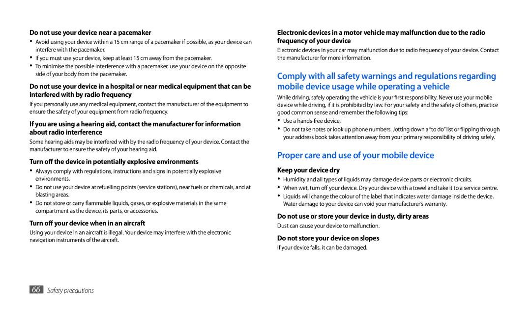 Samsung GT-P1010CWADBT, GT-P1010CWATUR Proper care and use of your mobile device, Do not use your device near a pacemaker 