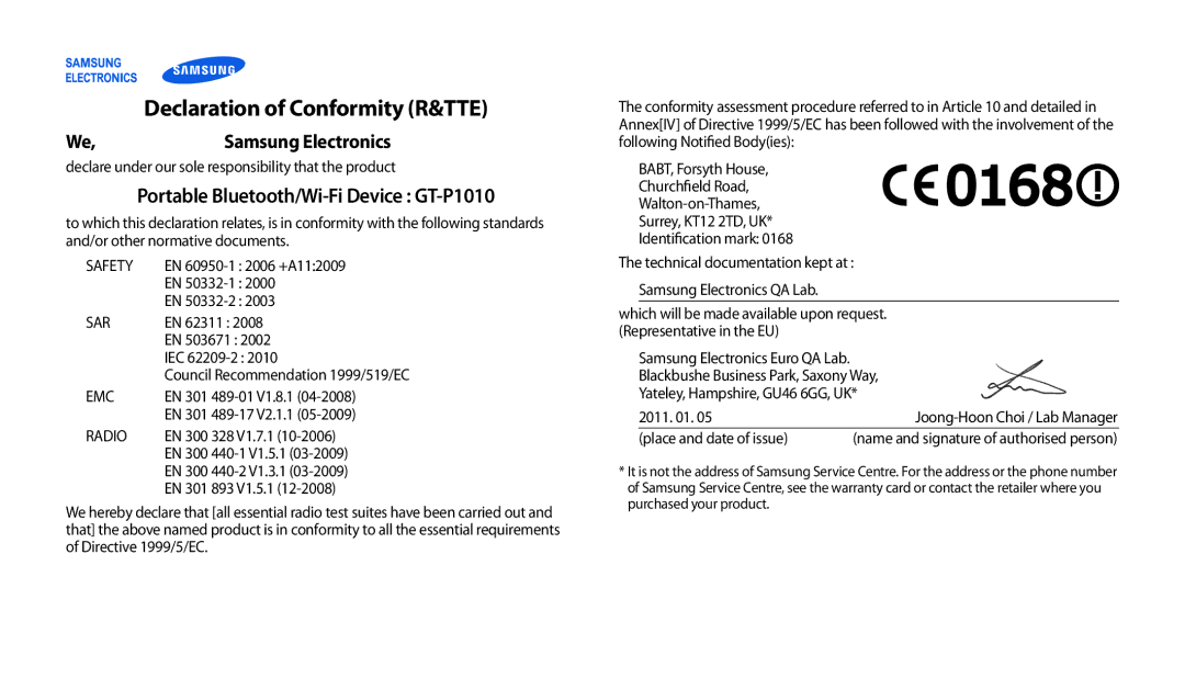 Samsung GT-P1010CWAEUR, GT-P1010CWATUR, GT-P1010CWAATO, GT-P1010CWADBT, GT-P1010CWAXEF manual Declaration of Conformity R&TTE 