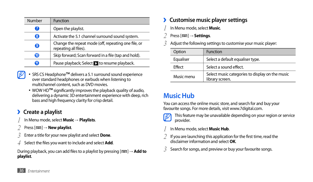 Samsung GT-P1010CWAITV manual Music Hub, ›› Create a playlist, ›› Customise music player settings, Press → New playlist 