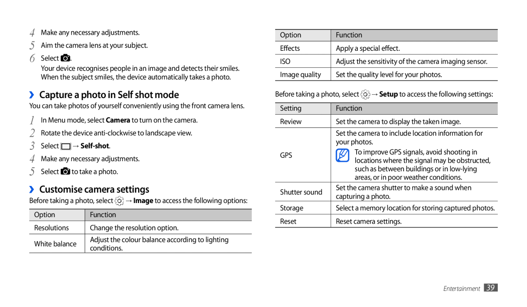 Samsung GT-P1010CWABGL manual ›› Capture a photo in Self shot mode, ›› Customise camera settings, Select, → Self-shot 