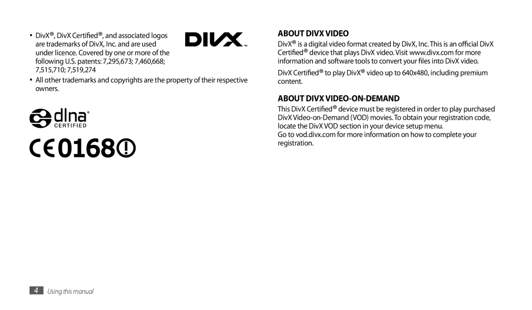 Samsung GT-P1010CWAITV, GT-P1010CWATUR, GT-P1010CWAATO, GT-P1010CWADBT About Divx Video-On-Demand, Using this manual 