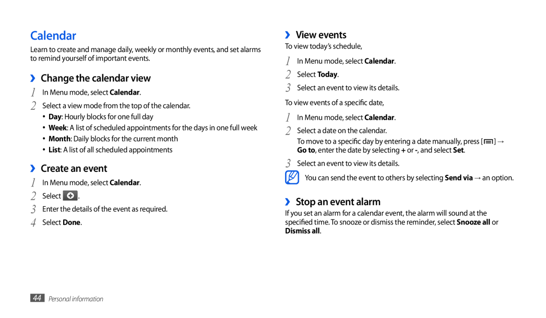 Samsung GT-P1010CWAXEO Calendar, ›› Change the calendar view, ›› Create an event, ›› View events, ›› Stop an event alarm 