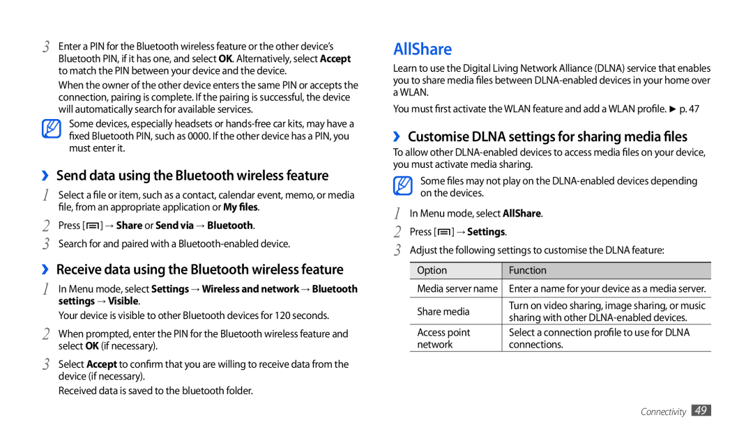 Samsung GT-P1010CWAATO AllShare, ›› Send data using the Bluetooth wireless feature, Press → Share or Send via → Bluetooth 