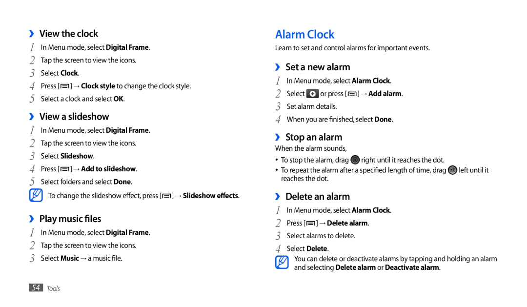 Samsung GT-P1010CWAROM manual Alarm Clock, ›› View the clock, ›› View a slideshow, ›› Play music files, ›› Set a new alarm 
