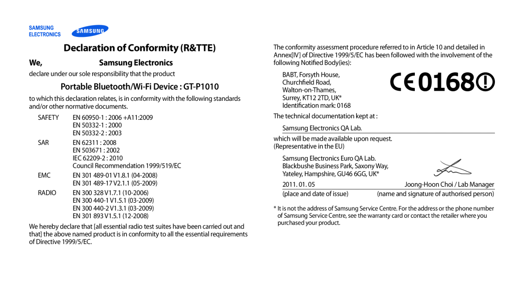 Samsung GT-P1010CWAEUR Declaration of Conformity R&TTE, Portable Bluetooth/Wi-Fi Device GT-P1010, Samsung Electronics 