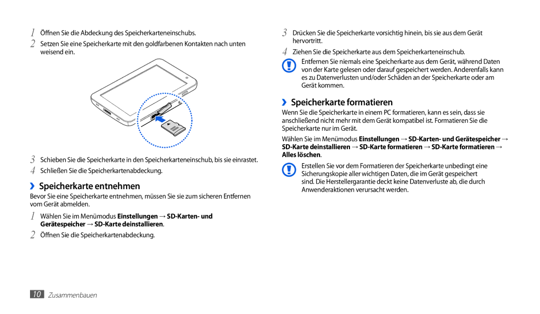 Samsung GT-P1010CWAATO, GT-P1010CWATUR, GT-P1010CWADBT ››Speicherkarte entnehmen, ››Speicherkarte formatieren, Weisend ein 