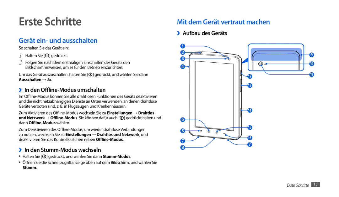 Samsung GT-P1010CWADBT, GT-P1010CWATUR manual Erste Schritte, Gerät ein- und ausschalten, Mit dem Gerät vertraut machen 