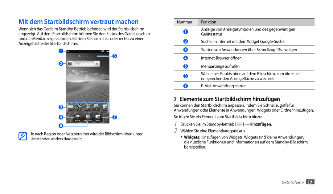 Samsung GT-P1010CWATUR, GT-P1010CWAATO Mit dem Startbildschirm vertraut machen, ››Elemente zum Startbildschirm hinzufügen 