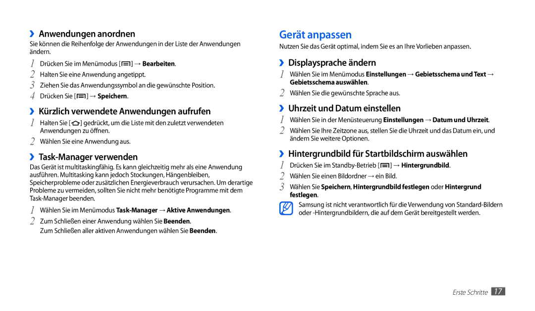 Samsung GT-P1010CWADBT, GT-P1010CWATUR, GT-P1010CWAATO manual Gerät anpassen 