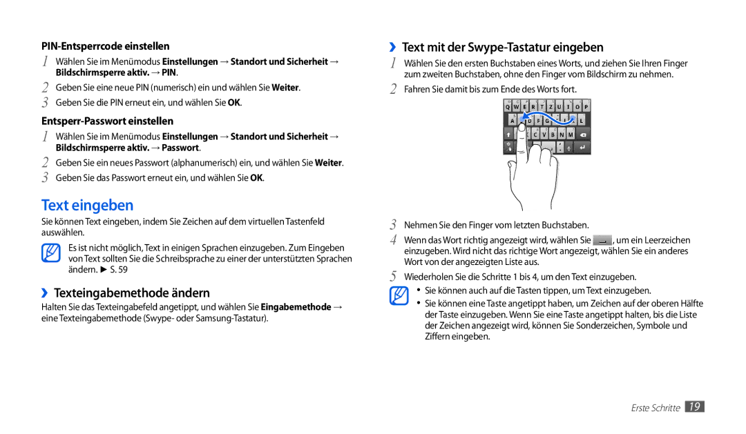 Samsung GT-P1010CWAATO, GT-P1010CWATUR Text eingeben, ››Texteingabemethode ändern, ››Text mit der Swype-Tastatur eingeben 