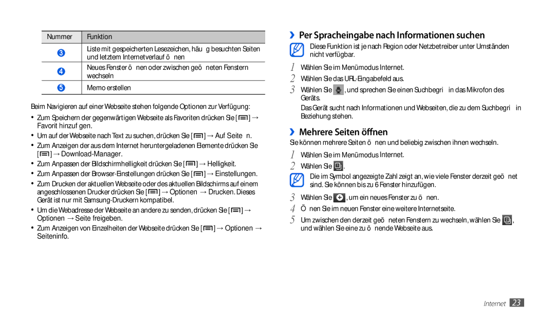 Samsung GT-P1010CWADBT, GT-P1010CWATUR manual ››Per Spracheingabe nach Informationen suchen, ››Mehrere Seiten öffnen 