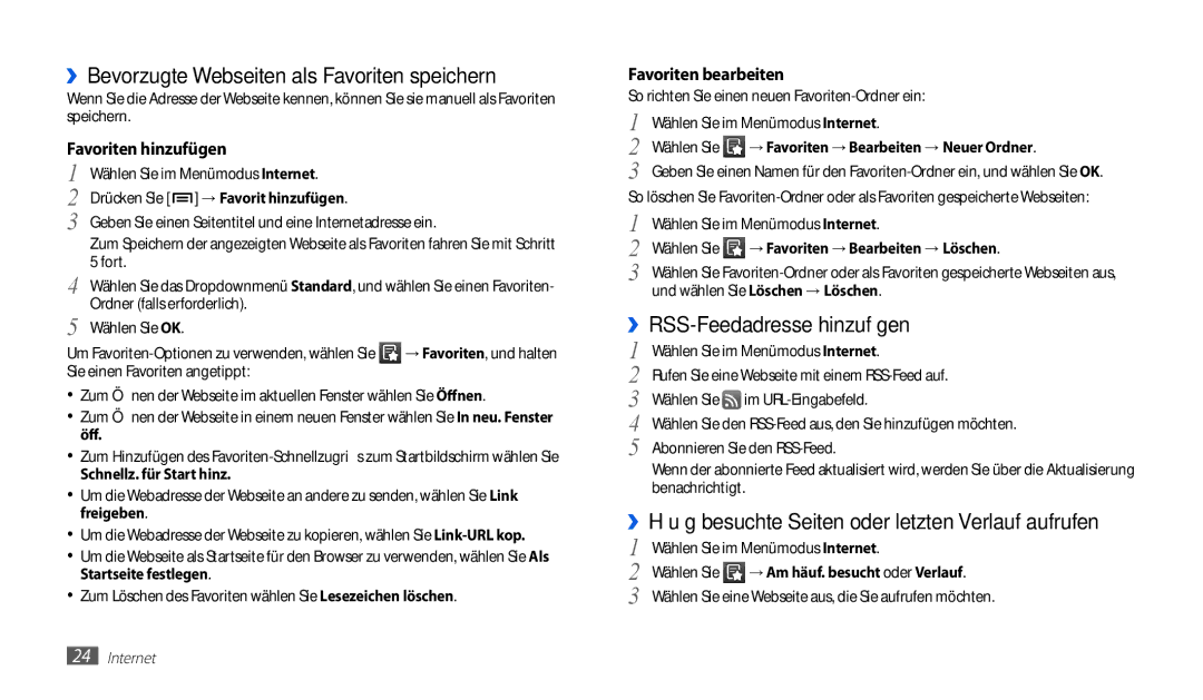 Samsung GT-P1010CWATUR, GT-P1010CWAATO manual ››Bevorzugte Webseiten als Favoriten speichern, ››RSS-Feedadresse hinzufügen 