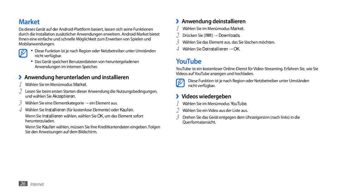 Samsung GT-P1010CWADBT manual Market, YouTube, ››Anwendung herunterladen und installieren, ››Anwendung deinstallieren 