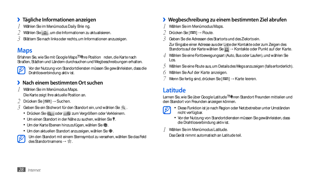 Samsung GT-P1010CWAATO manual Maps, Latitude, ››Tägliche Informationen anzeigen, ››Nach einem bestimmten Ort suchen 